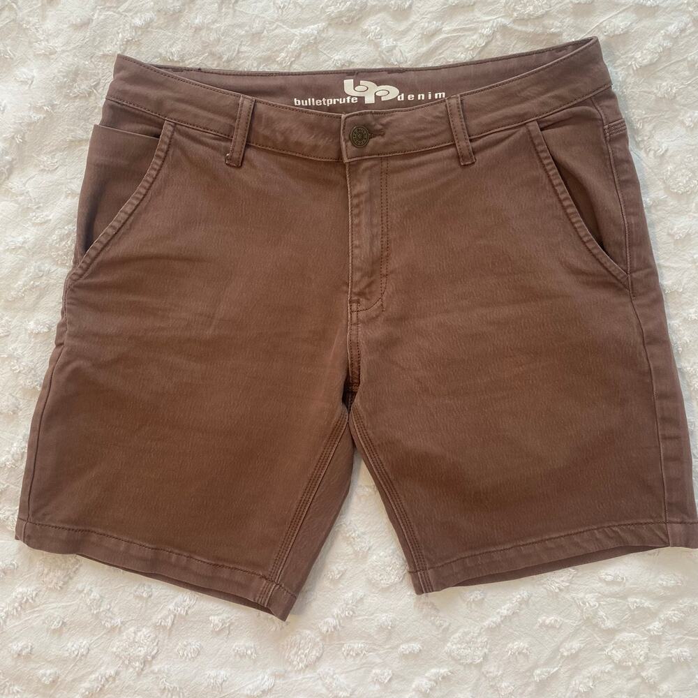 Bulletprufe Denim Targhee Shorts Mens Size 34 9" Inseam Tobacco Brown Stretch